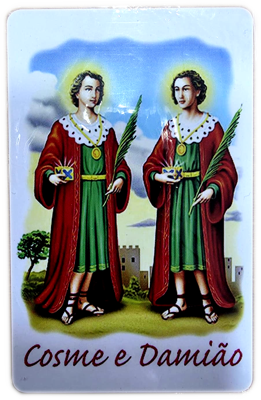 Pagela com Oração PVC Alta Qualidade 9 x6 cm - São Cosme & Damião