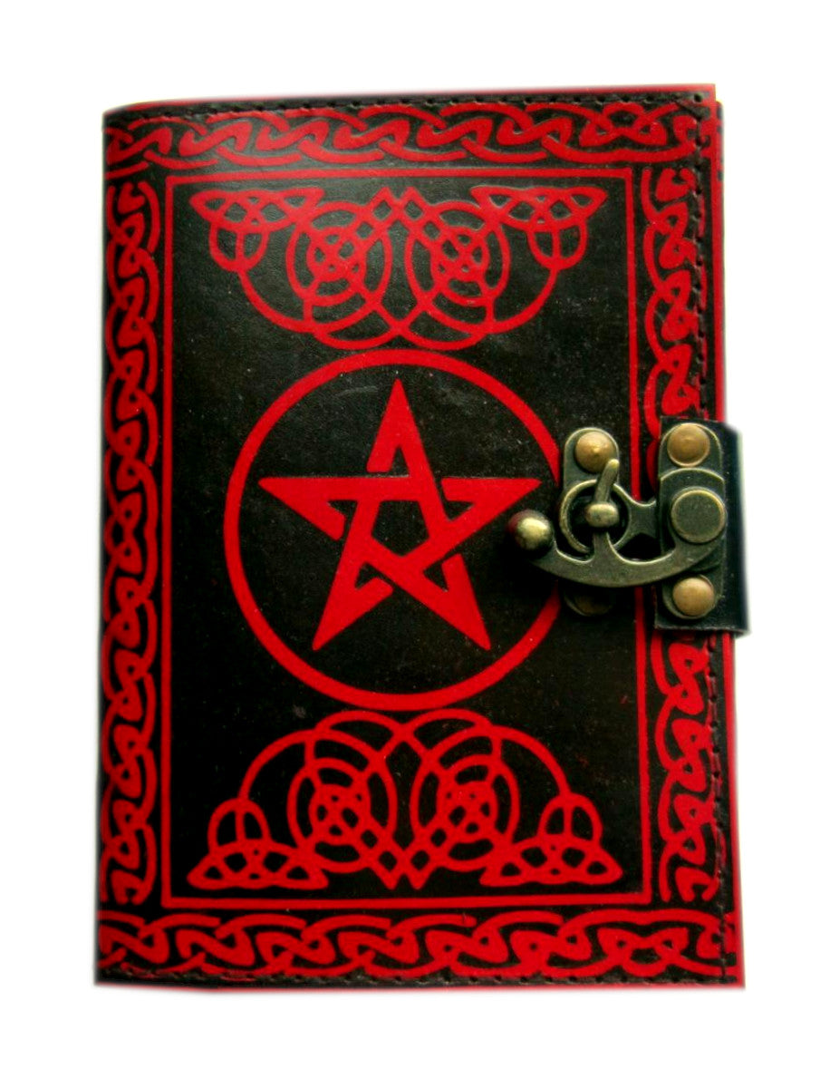Livro das Sombras em Couro, Vermelho e Preto com Pentagrama e Ferragens de Latão